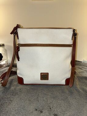 Dooney & Bourke White Pebbled Leather Crossbody with Brown Trim